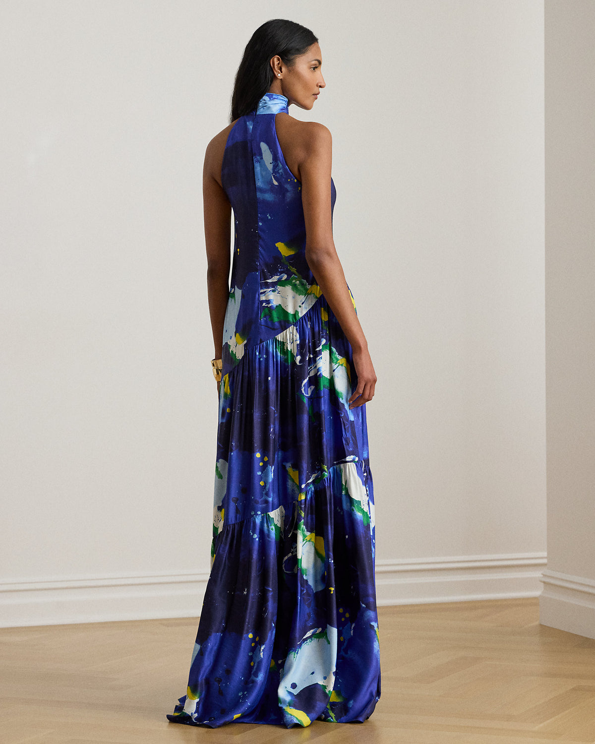 Ralph Lauren AbstractPrint Shantung Halter Gown