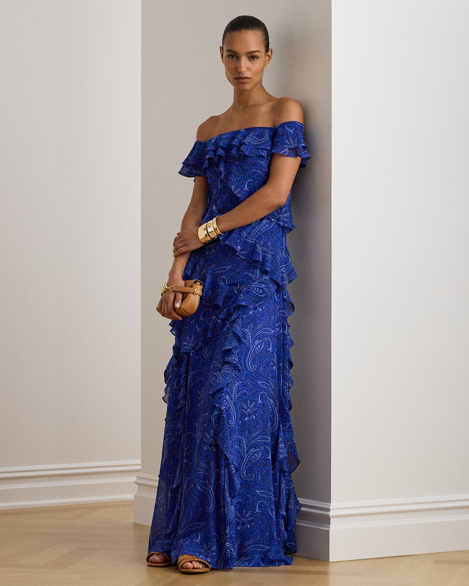 Ralph Lauren Print RuffleTrim OfftheShoulder Gown