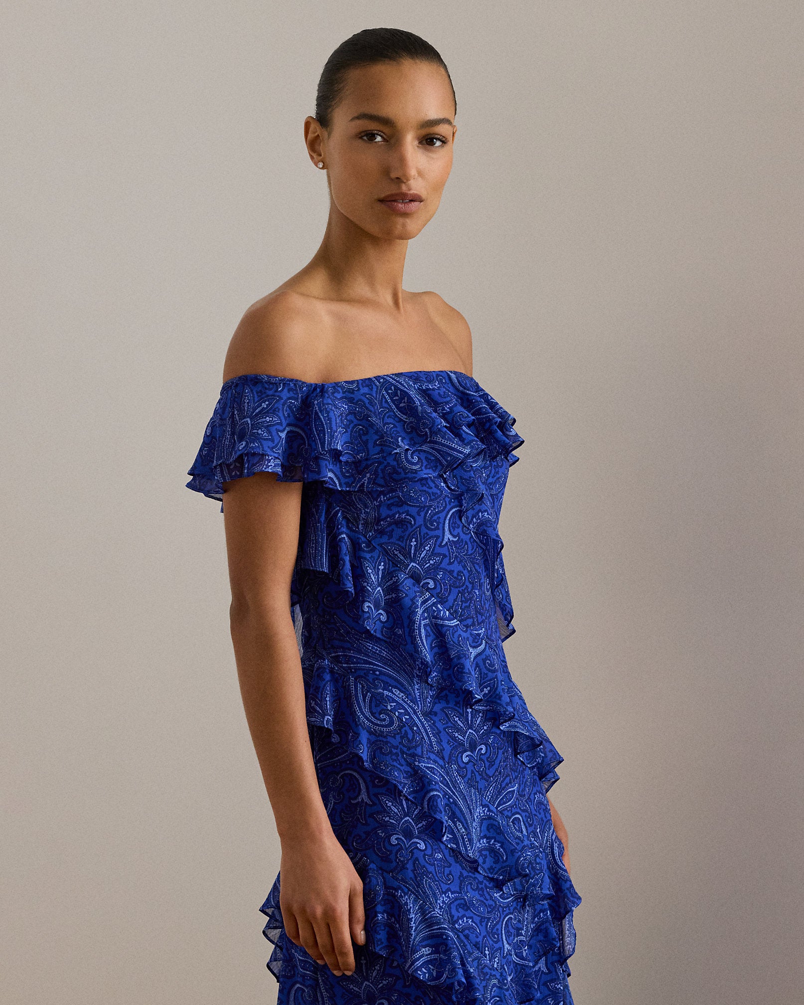Ralph Lauren Print RuffleTrim OfftheShoulder Gown