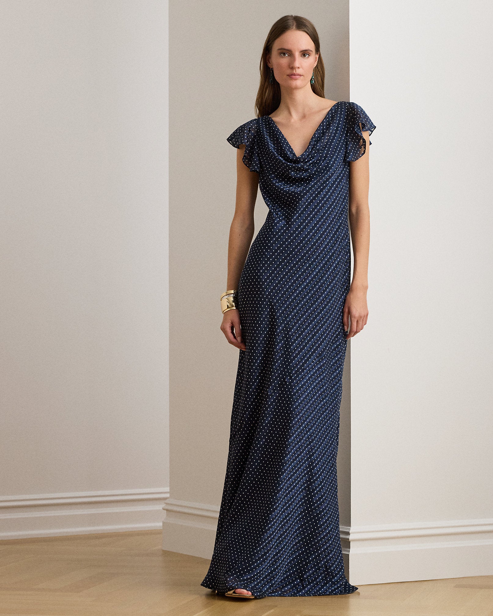 Ralph Lauren PolkaDot BurnOut Satin Cowlneck Gown