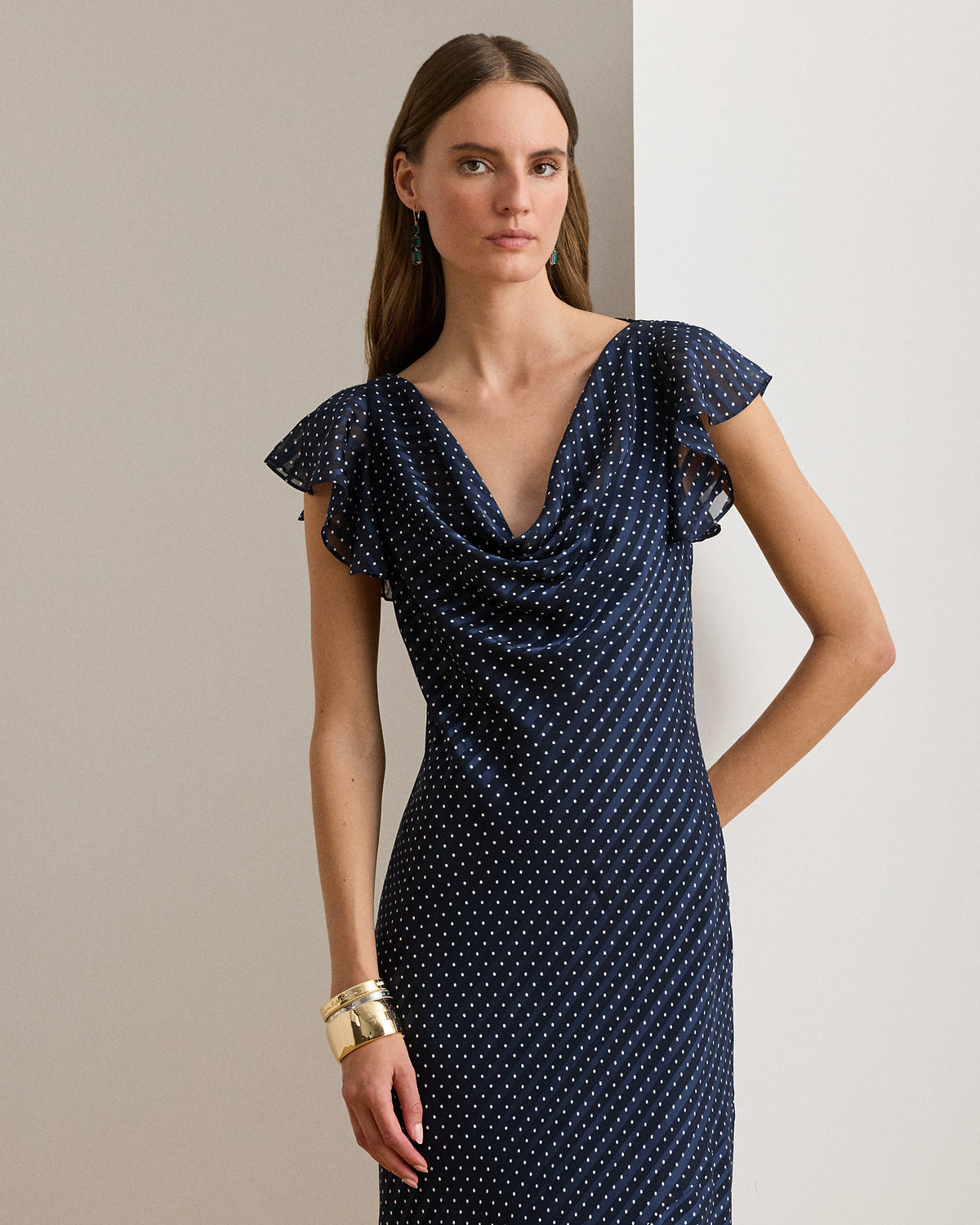 Ralph Lauren PolkaDot BurnOut Satin Cowlneck Gown