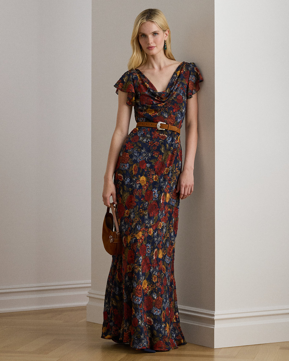 Ralph Lauren Floral Clipped Jacquard Cowlneck Gown