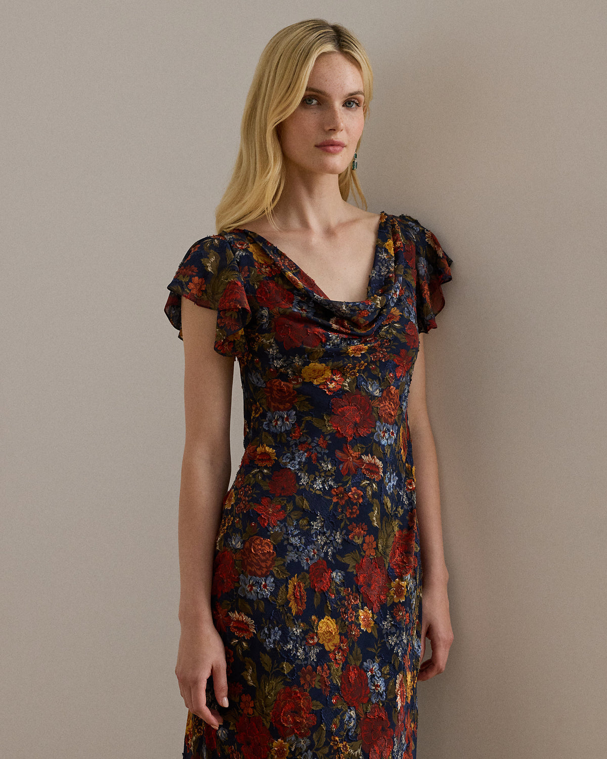 Ralph Lauren Floral Clipped Jacquard Cowlneck Gown