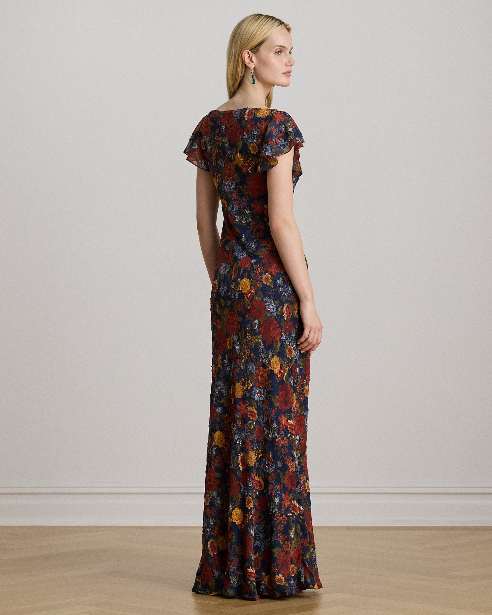 Ralph Lauren Floral Clipped Jacquard Cowlneck Gown