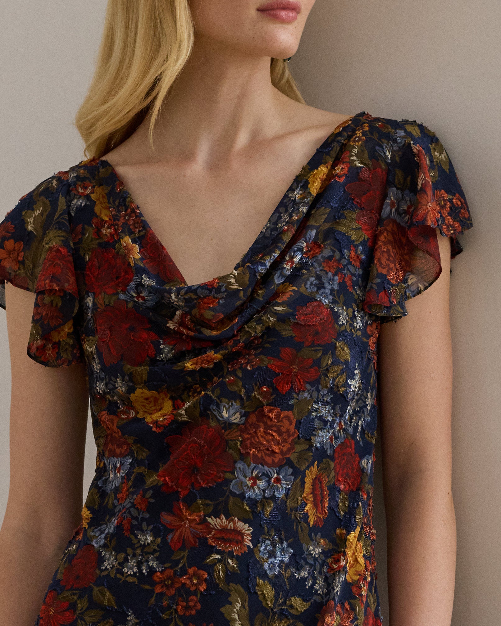 Ralph Lauren Floral Clipped Jacquard Cowlneck Gown