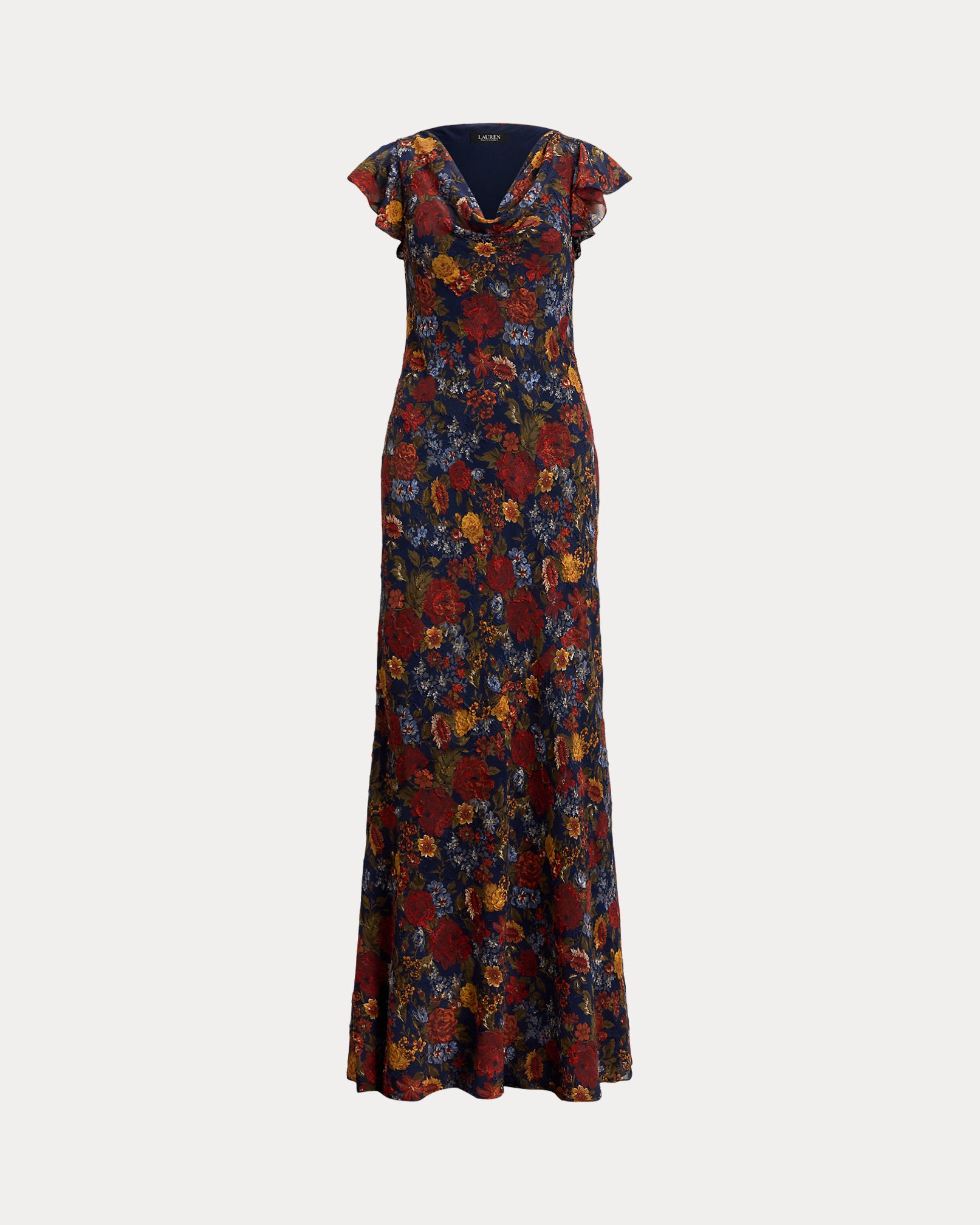 Ralph Lauren Floral Clipped Jacquard Cowlneck Gown