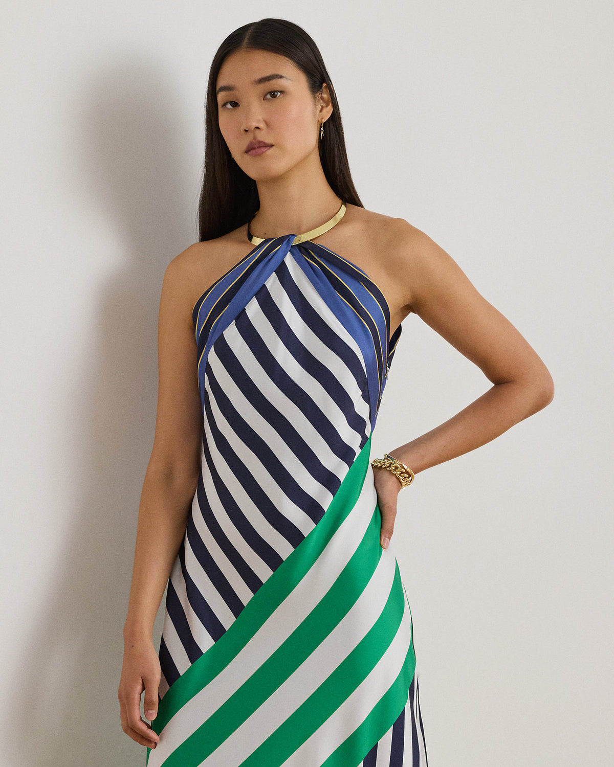Ralph Lauren Striped Twill Halter Cocktail Dress