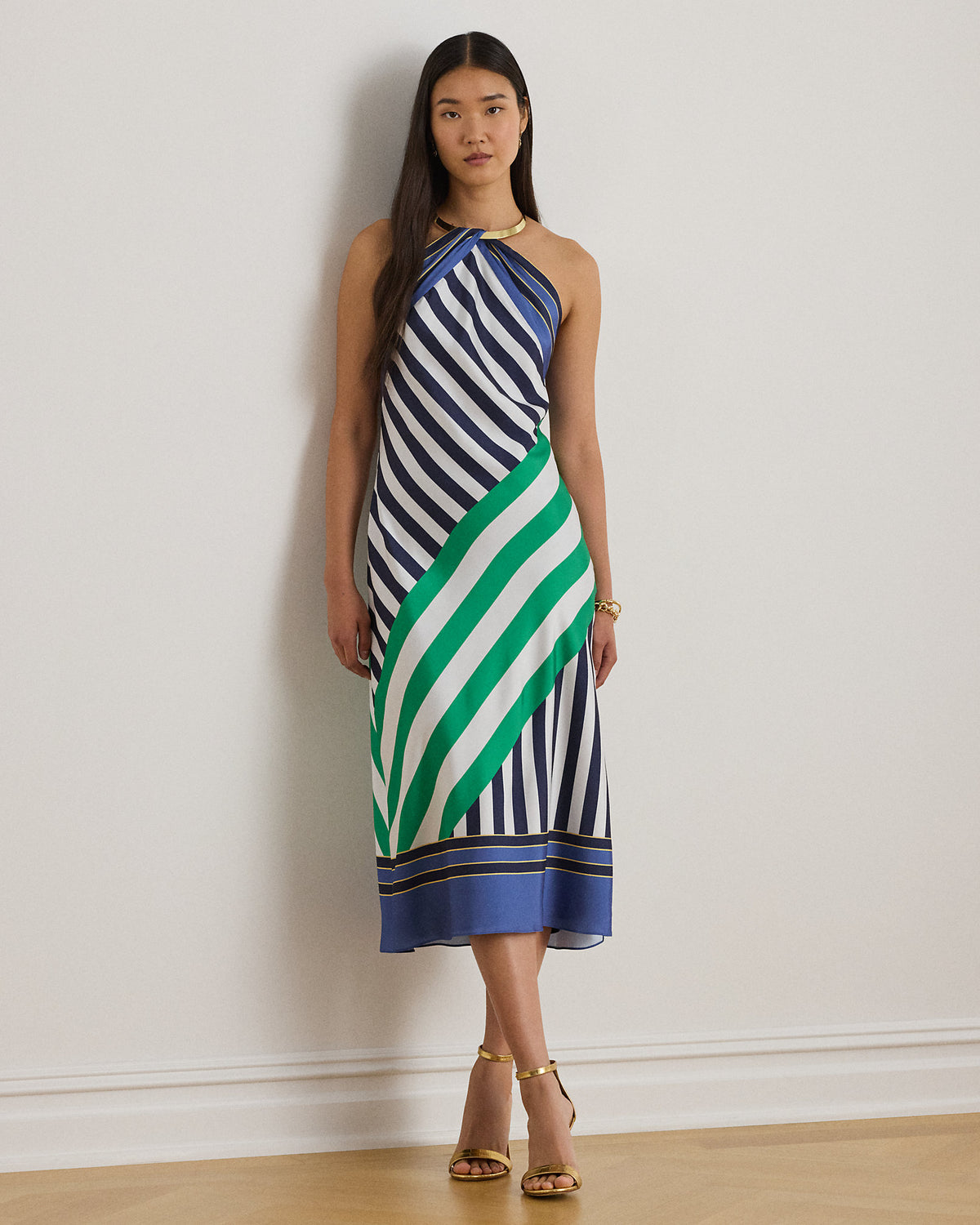 Ralph Lauren Striped Twill Halter Cocktail Dress