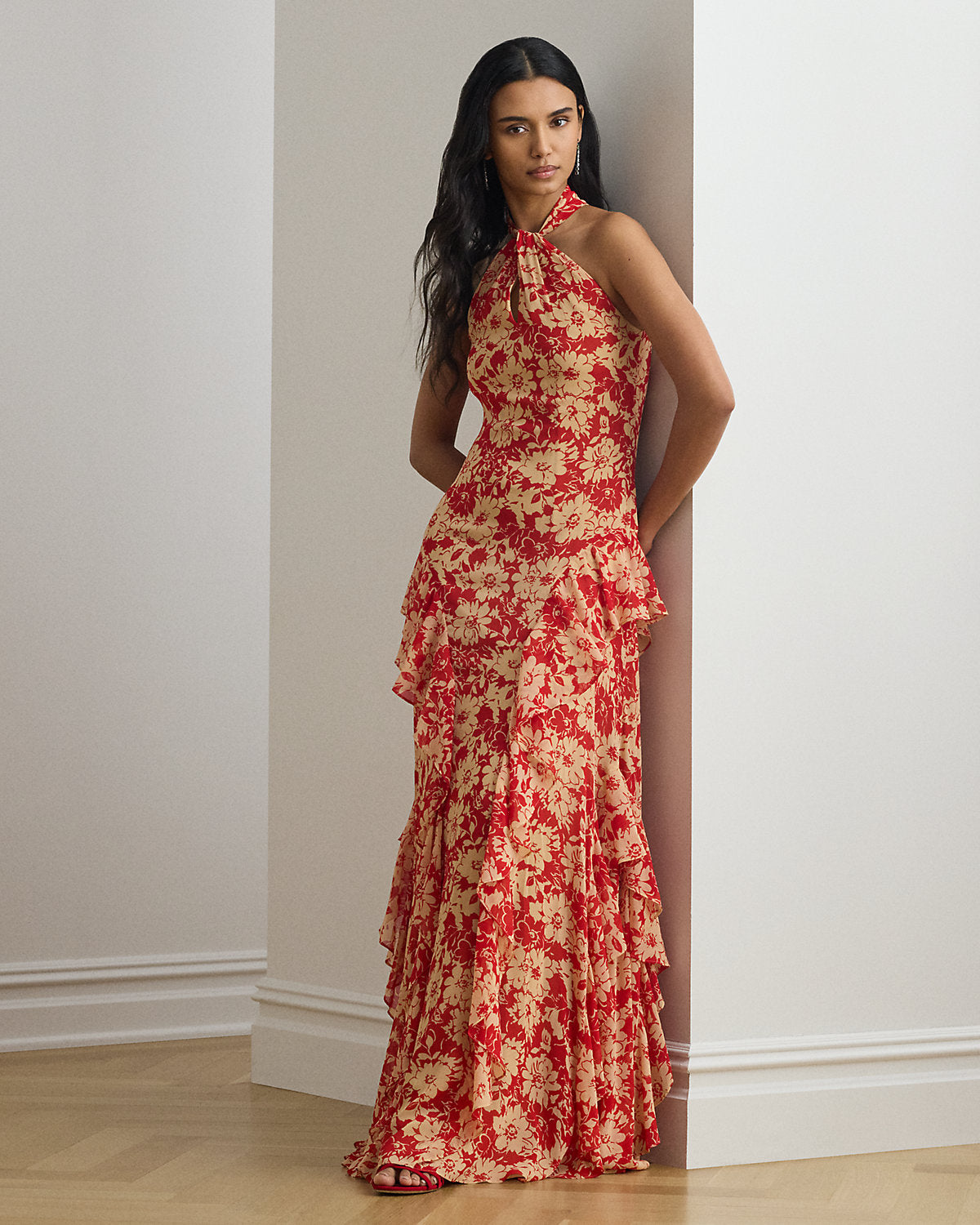 Ralph Lauren Floral RuffleTrim Georgette Halter Gown