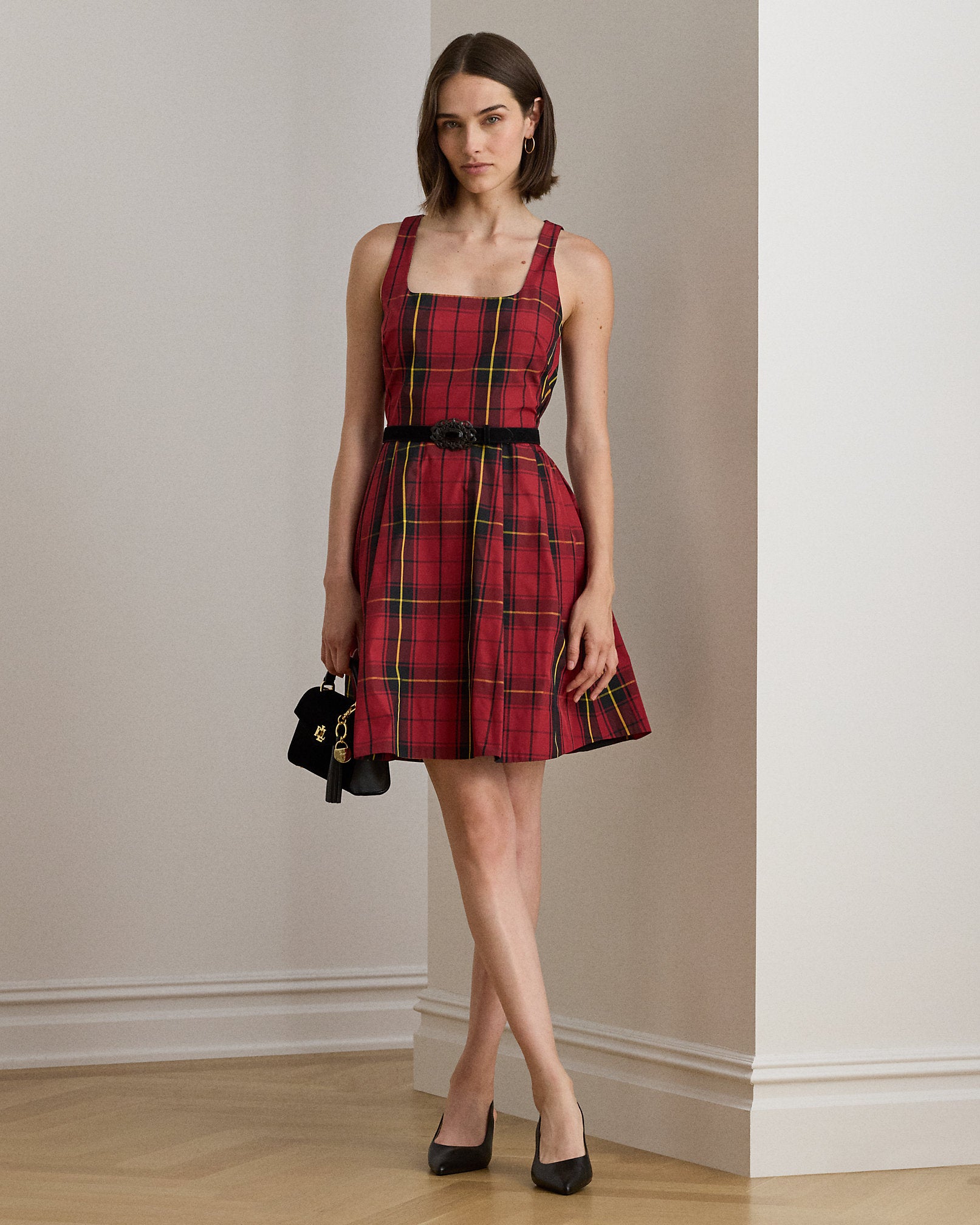 Ralph Lauren Plaid Belted Taffeta Cocktail Dress