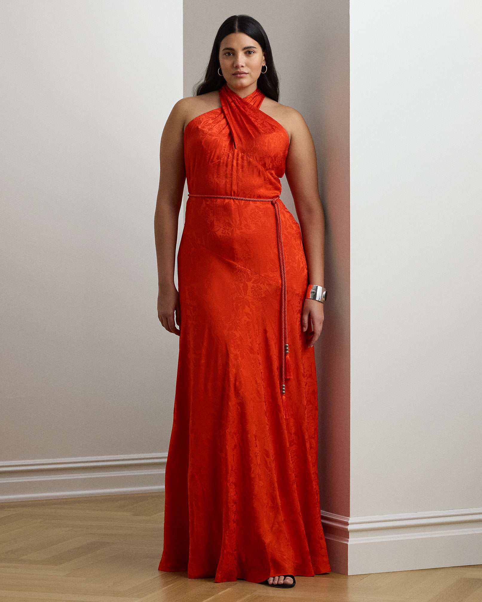 Ralph Lauren Belted Floral Jacquard Halter Gown