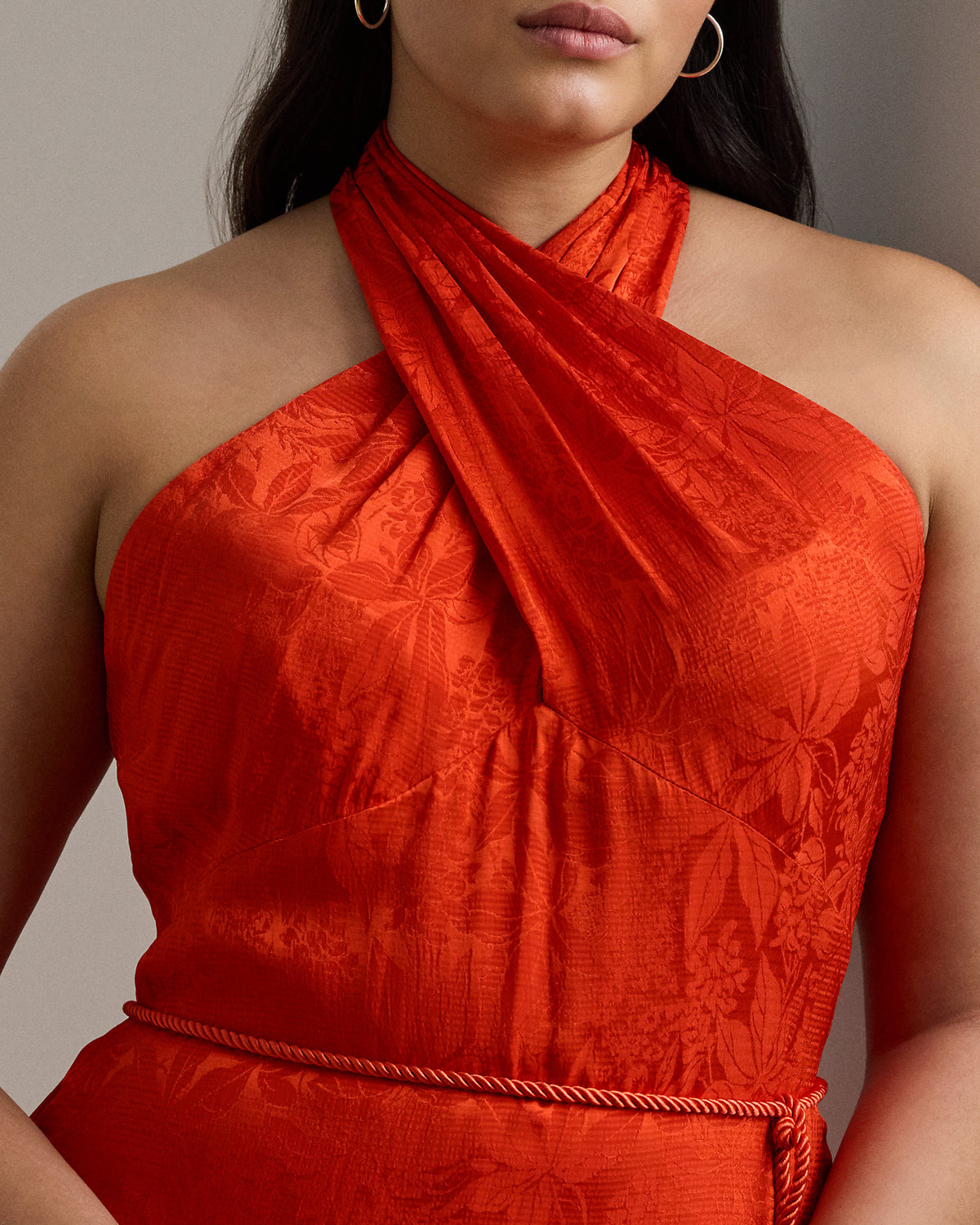 Ralph Lauren Belted Floral Jacquard Halter Gown
