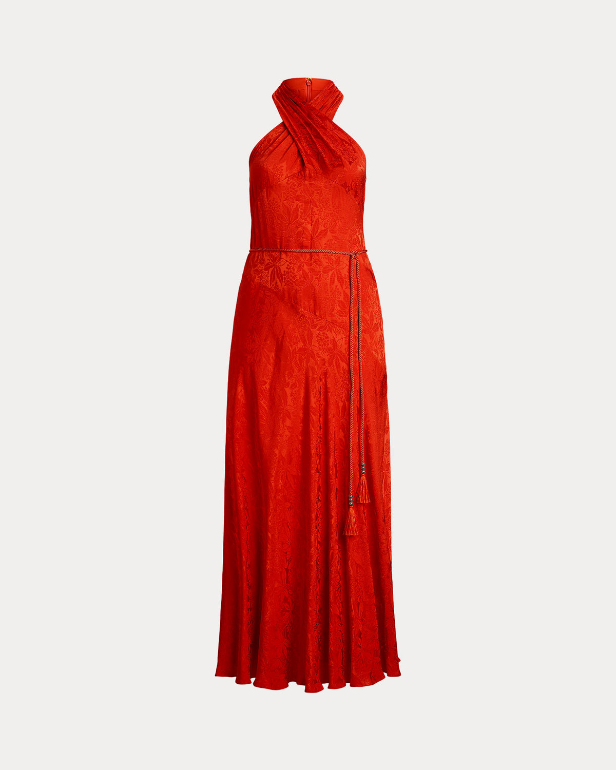 Ralph Lauren Belted Floral Jacquard Halter Gown