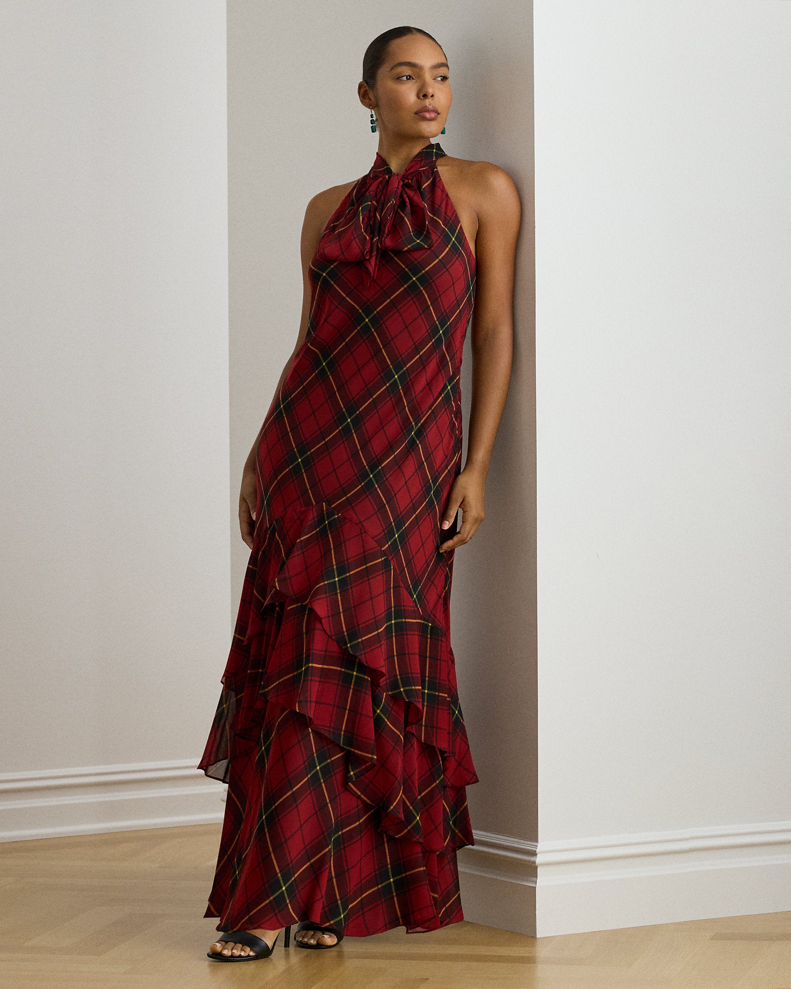 Ralph Lauren Plaid Georgette Tiered TieNeck Gown