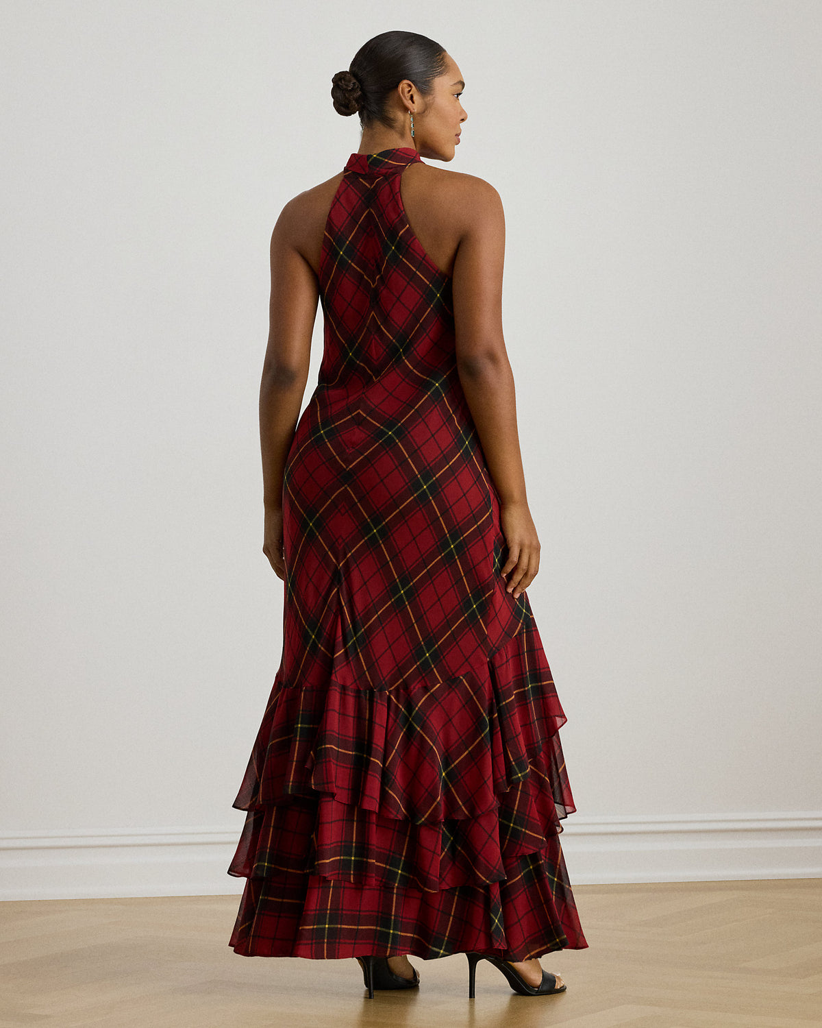 Ralph Lauren Plaid Georgette Tiered TieNeck Gown