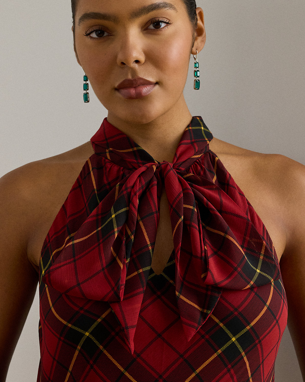 Ralph Lauren Plaid Georgette Tiered TieNeck Gown