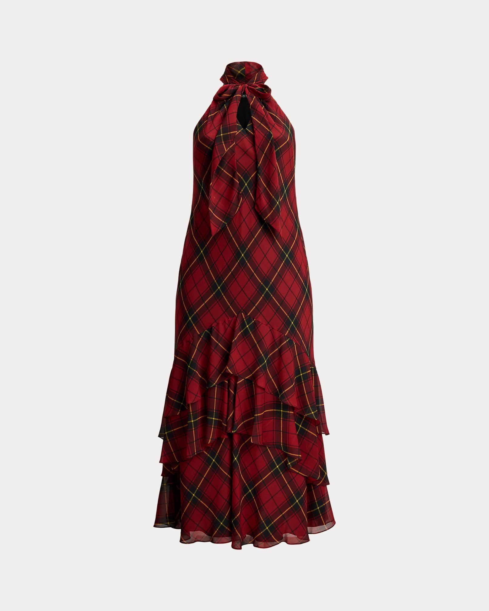 Ralph Lauren Plaid Georgette Tiered TieNeck Gown