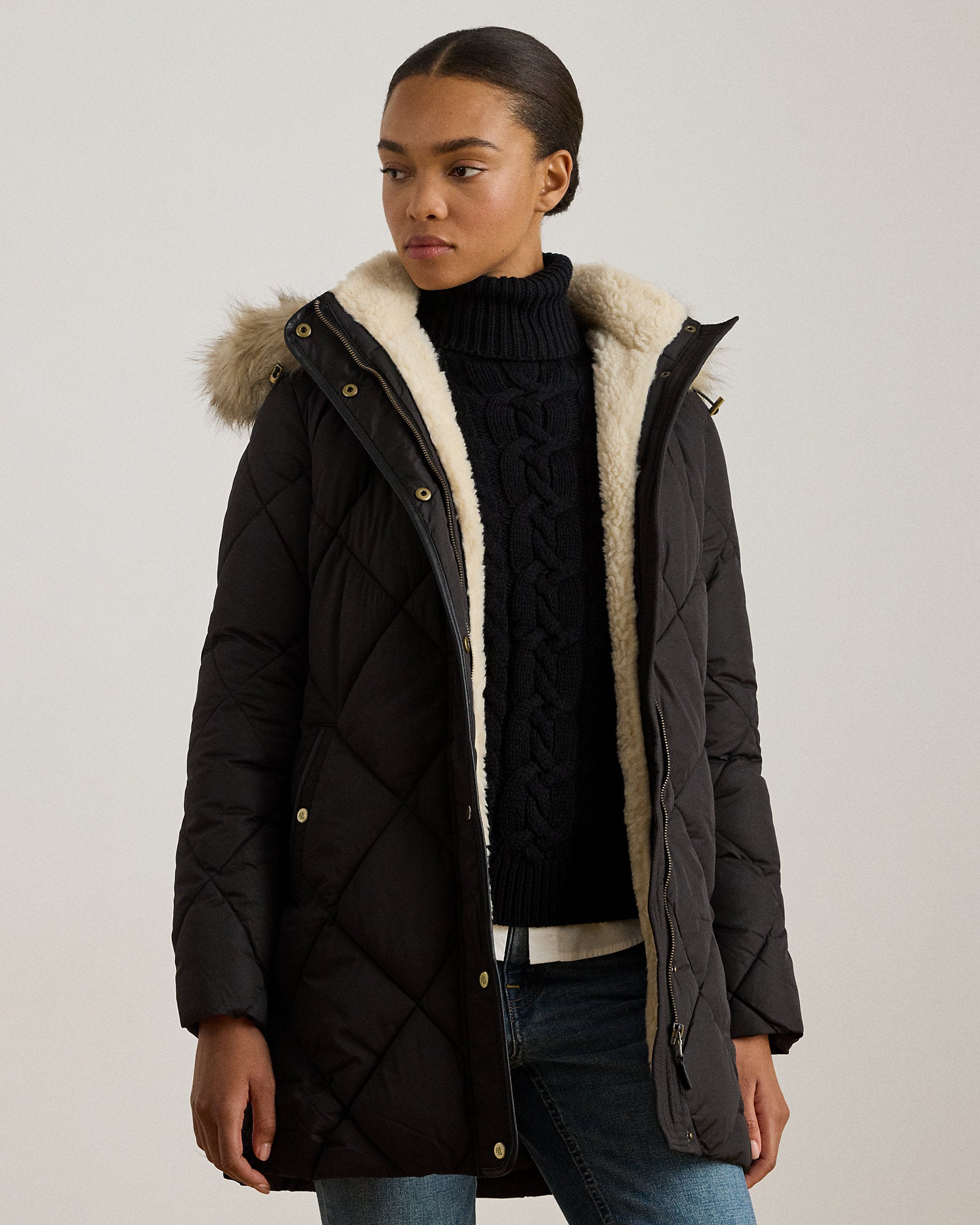Ralph Lauren FauxFurTrim Hooded Quilted Coat