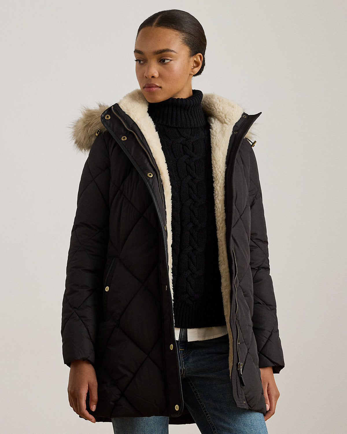 Ralph Lauren FauxFurTrim Hooded Quilted Coat