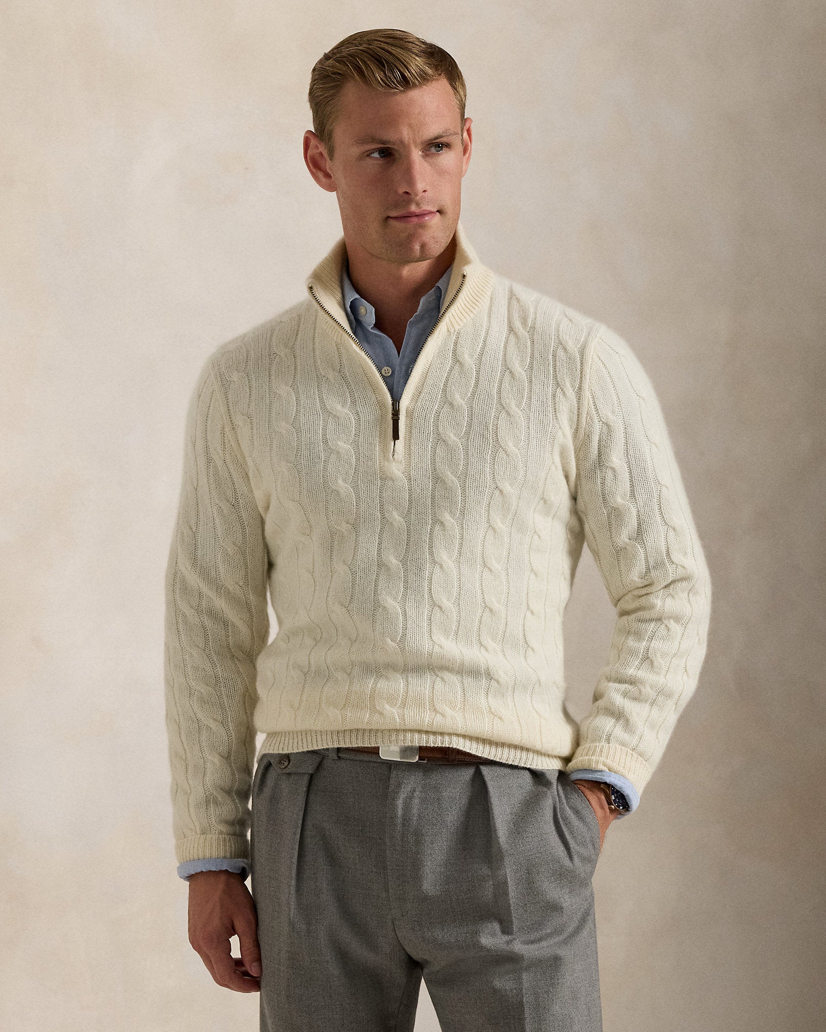 Ralph Lauren CableKnit Cashmere QuarterZip Sweater