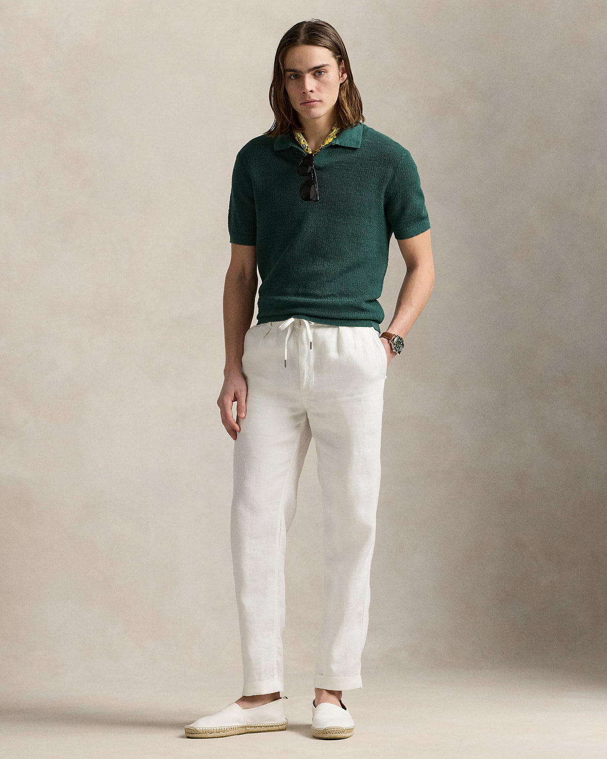 Ralph Lauren MeshKnit Linen JohnnyCollar Sweater