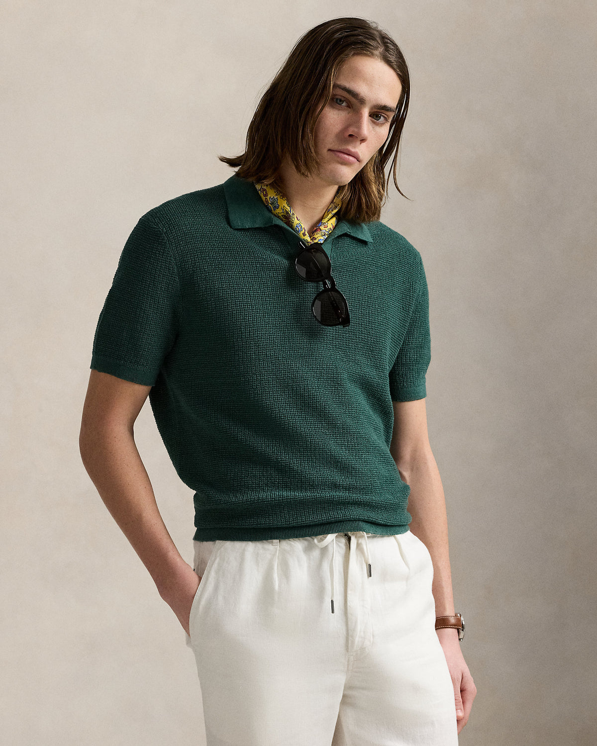 Ralph Lauren MeshKnit Linen JohnnyCollar Sweater