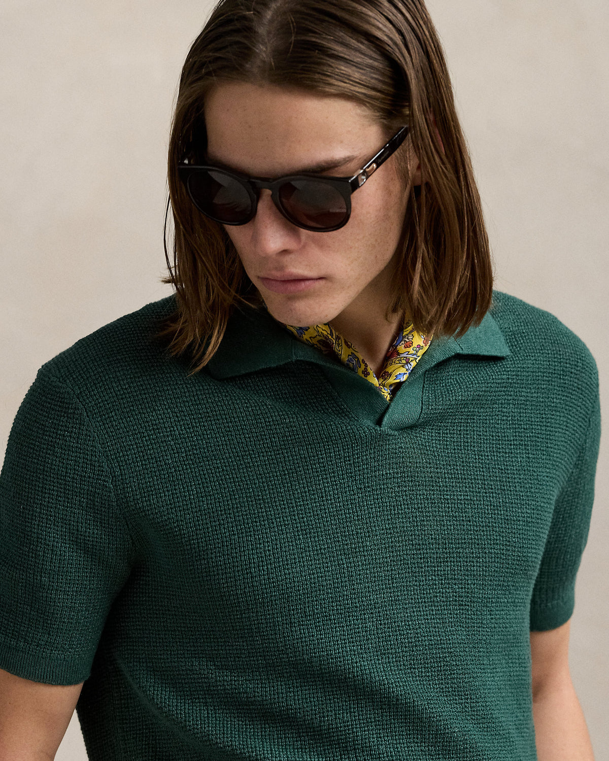 Ralph Lauren MeshKnit Linen JohnnyCollar Sweater