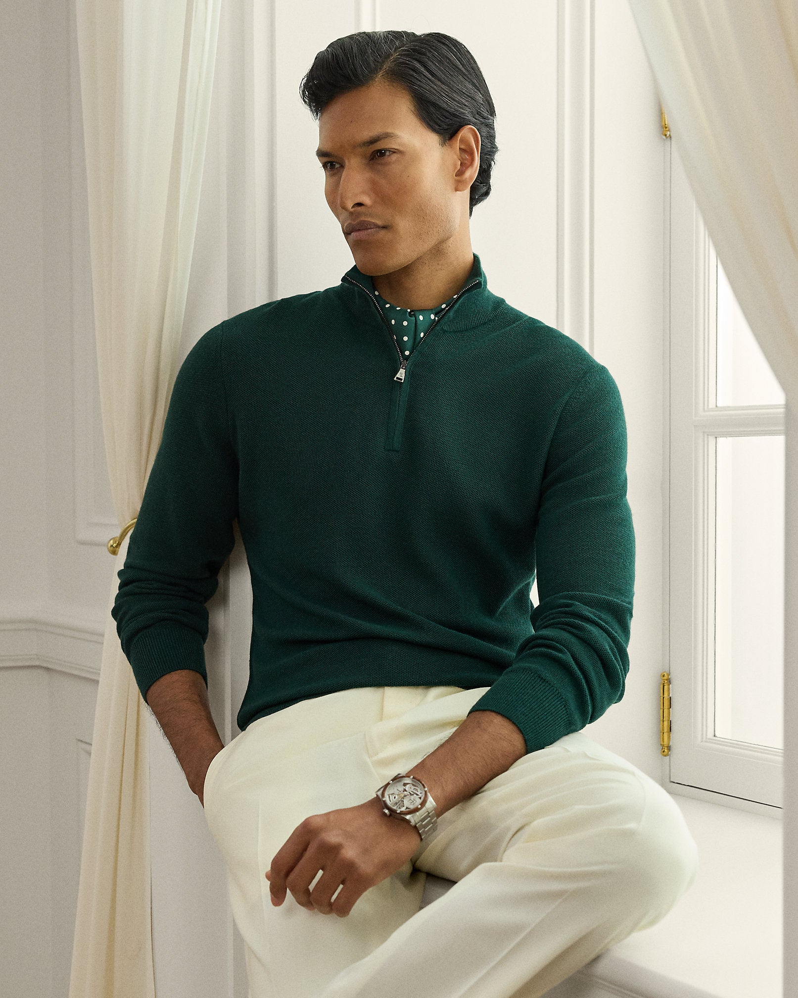 Ralph Lauren PiquéKnit Wool QuarterZip Sweater