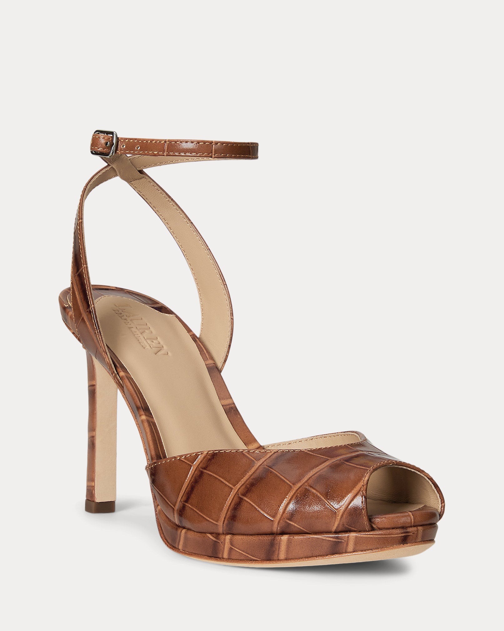 Ralph Lauren Kyla Crocodileembossed Leather Sandal Tobacco