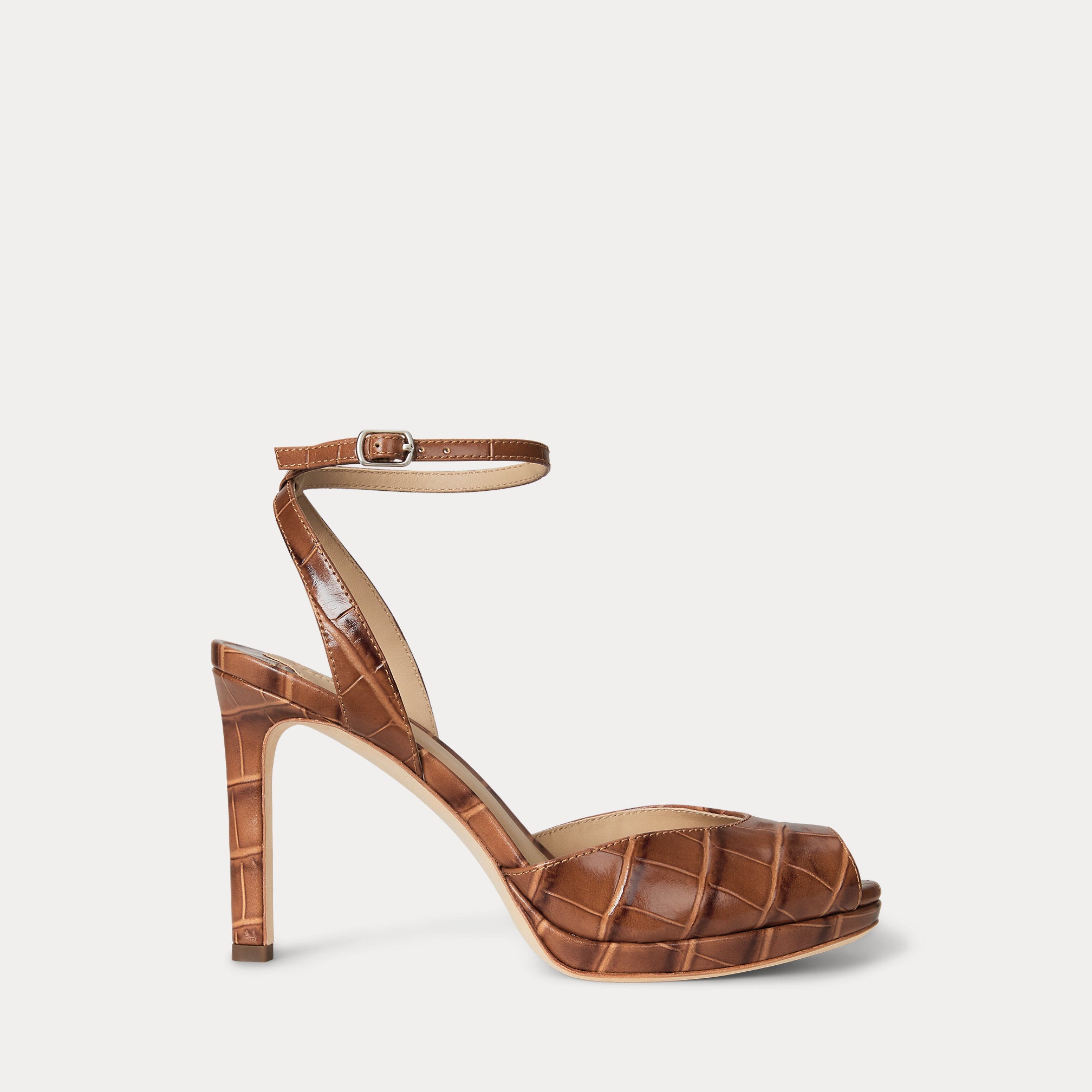 Ralph Lauren Kyla Crocodileembossed Leather Sandal Tobacco