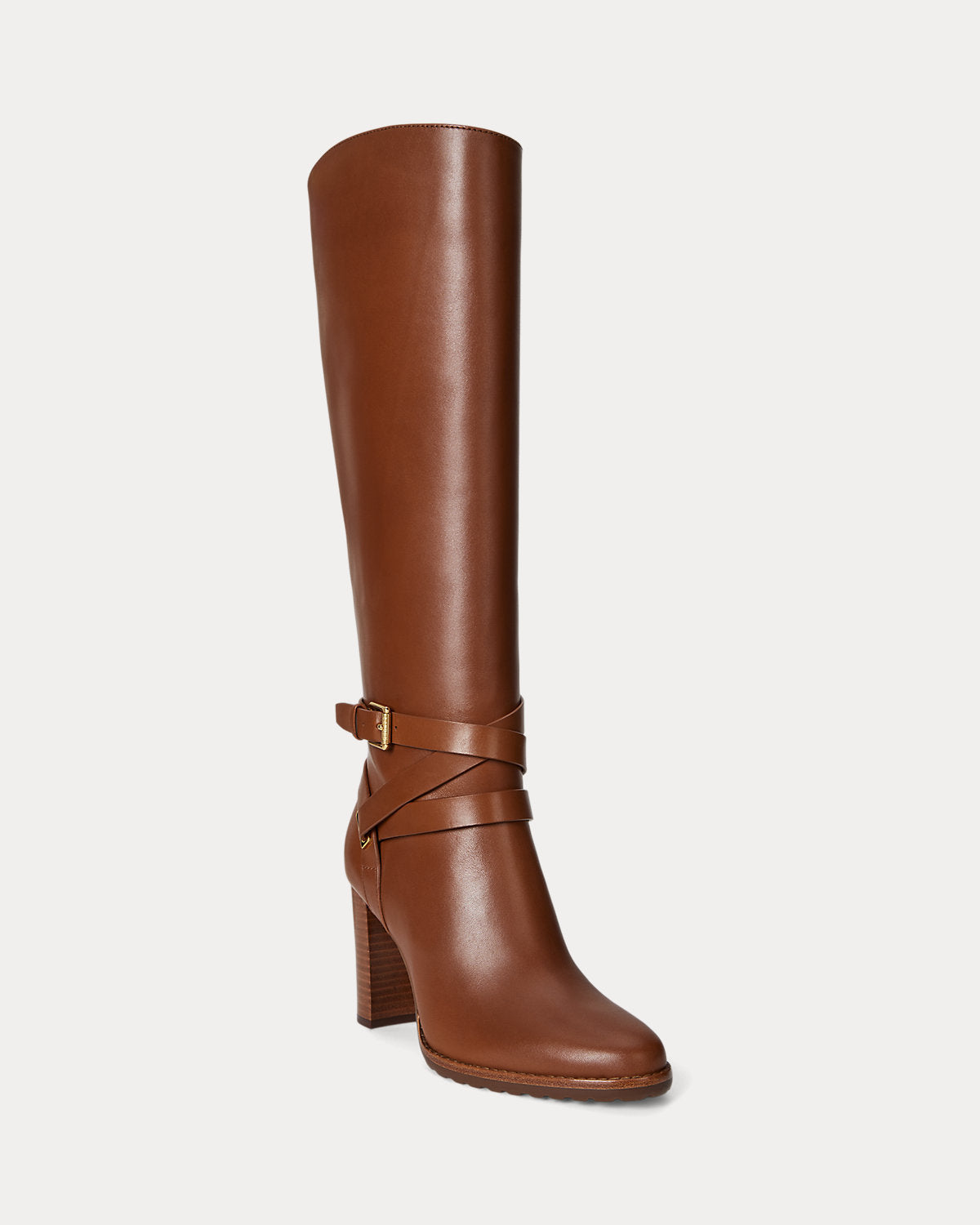 Ralph Lauren Collins Calfskin Tall Boot Heel Lauren Tan