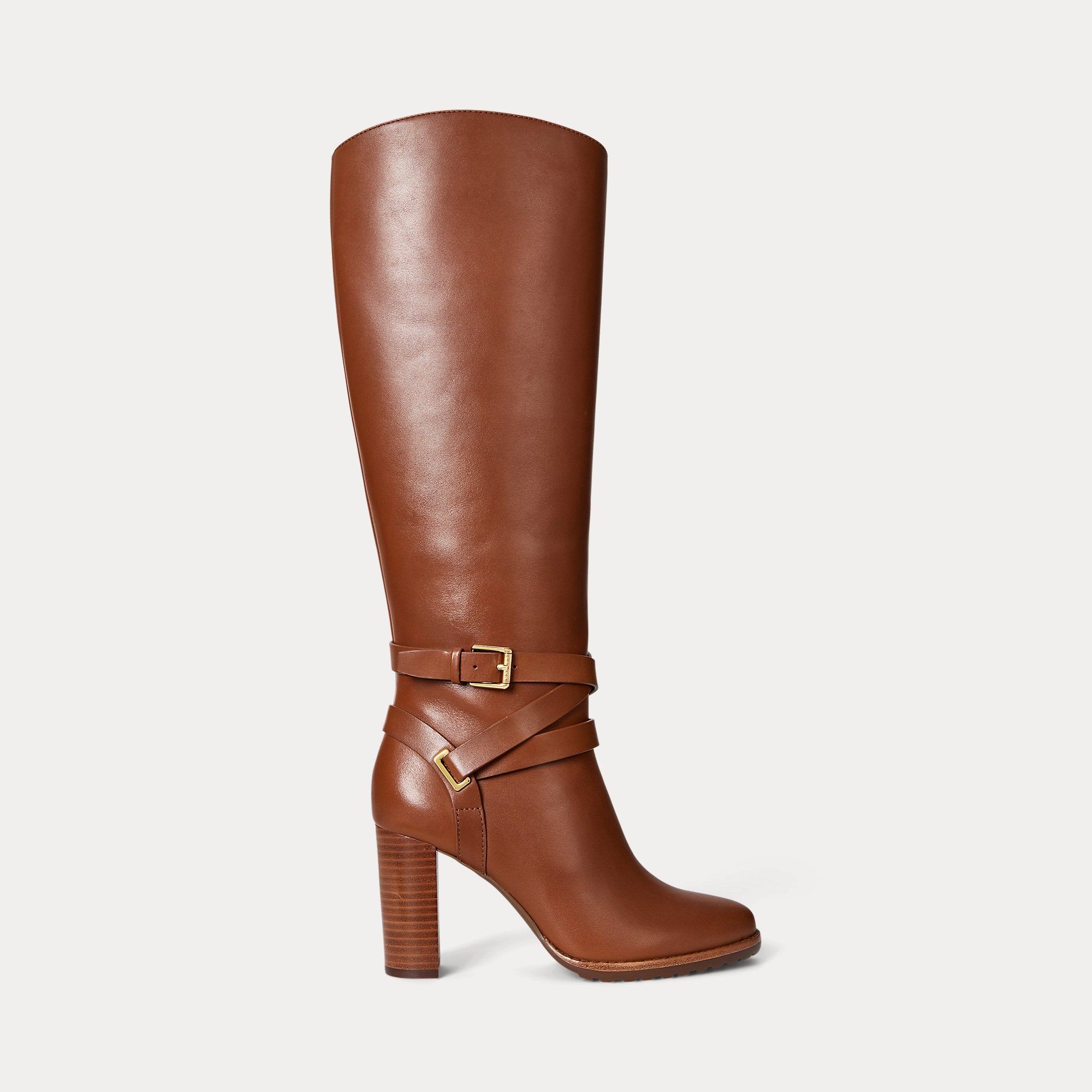 Ralph Lauren Collins Calfskin Tall Boot Heel Lauren Tan