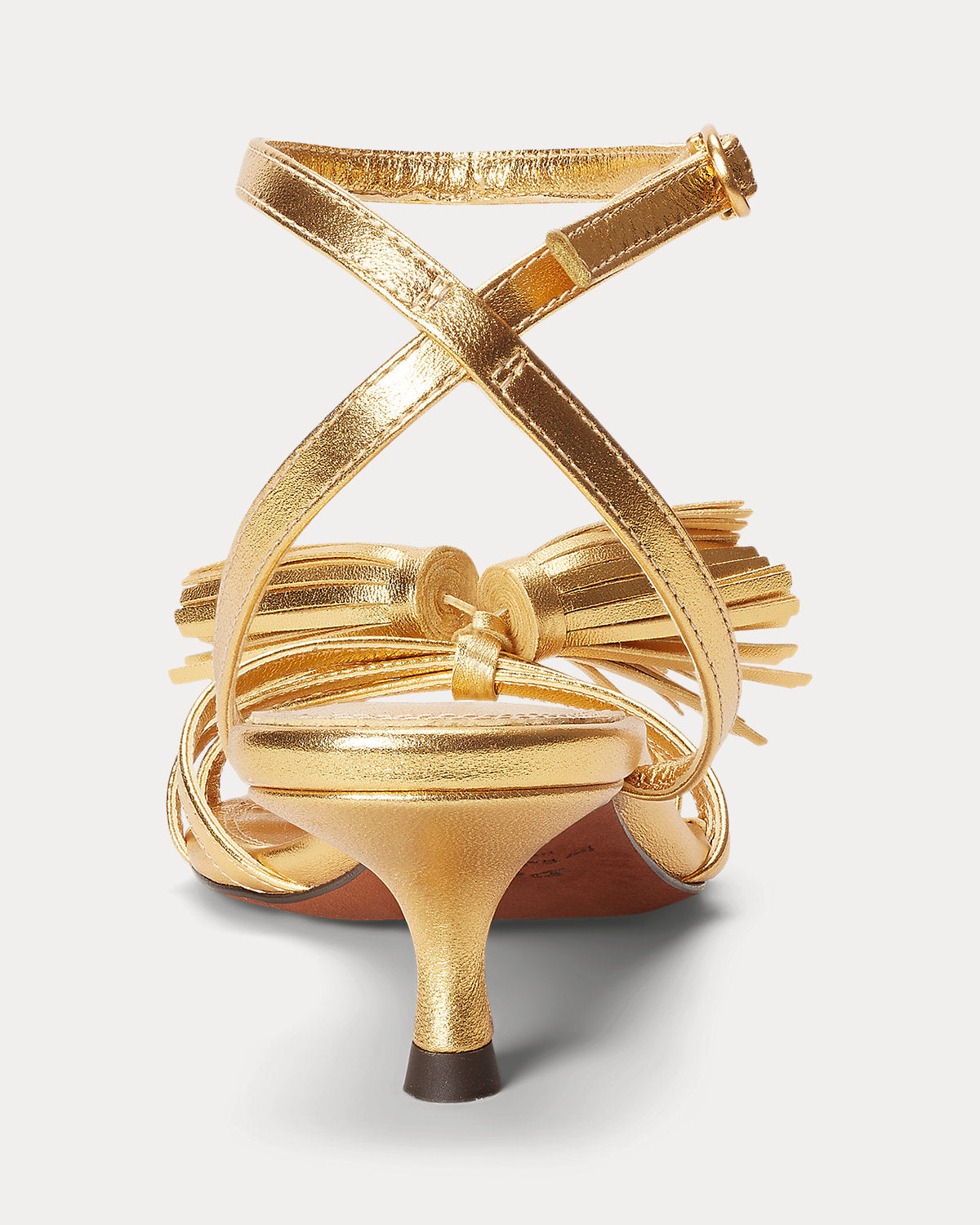 Ralph Lauren Metallic Leather Tassel Kitten Sandal Gold