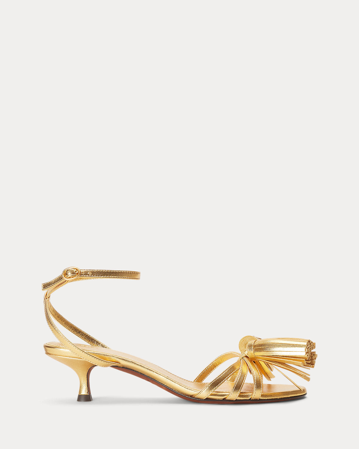 Ralph Lauren Metallic Leather Tassel Kitten Sandal Gold