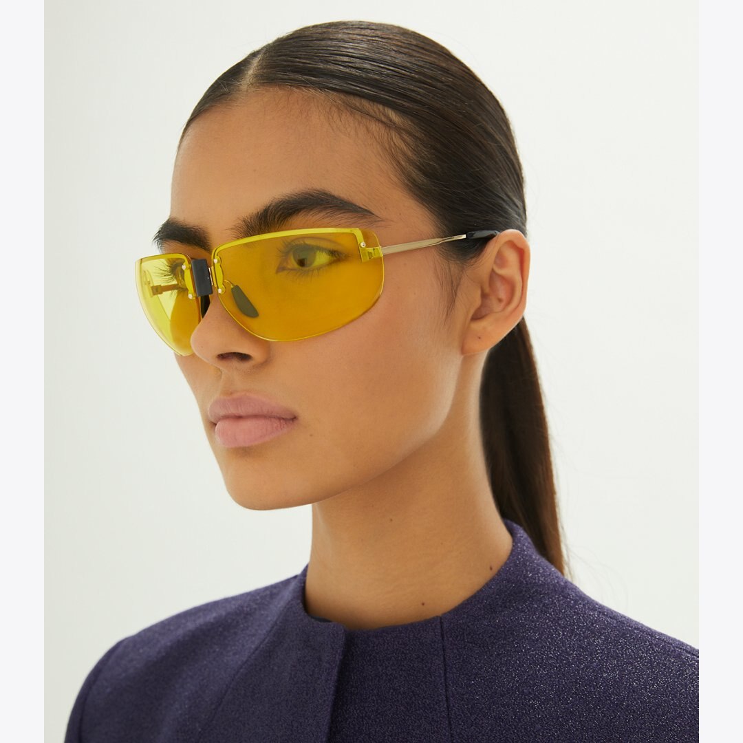 Tory Burch Shield Runway Sunglasses SHINY SILVER/LIGHT BLUE