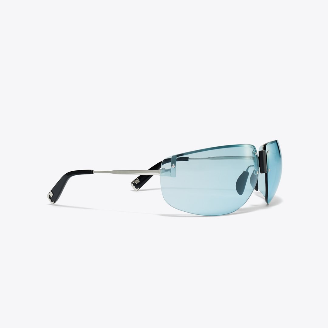 Tory Burch Shield Runway Sunglasses SHINY SILVER/LIGHT BLUE