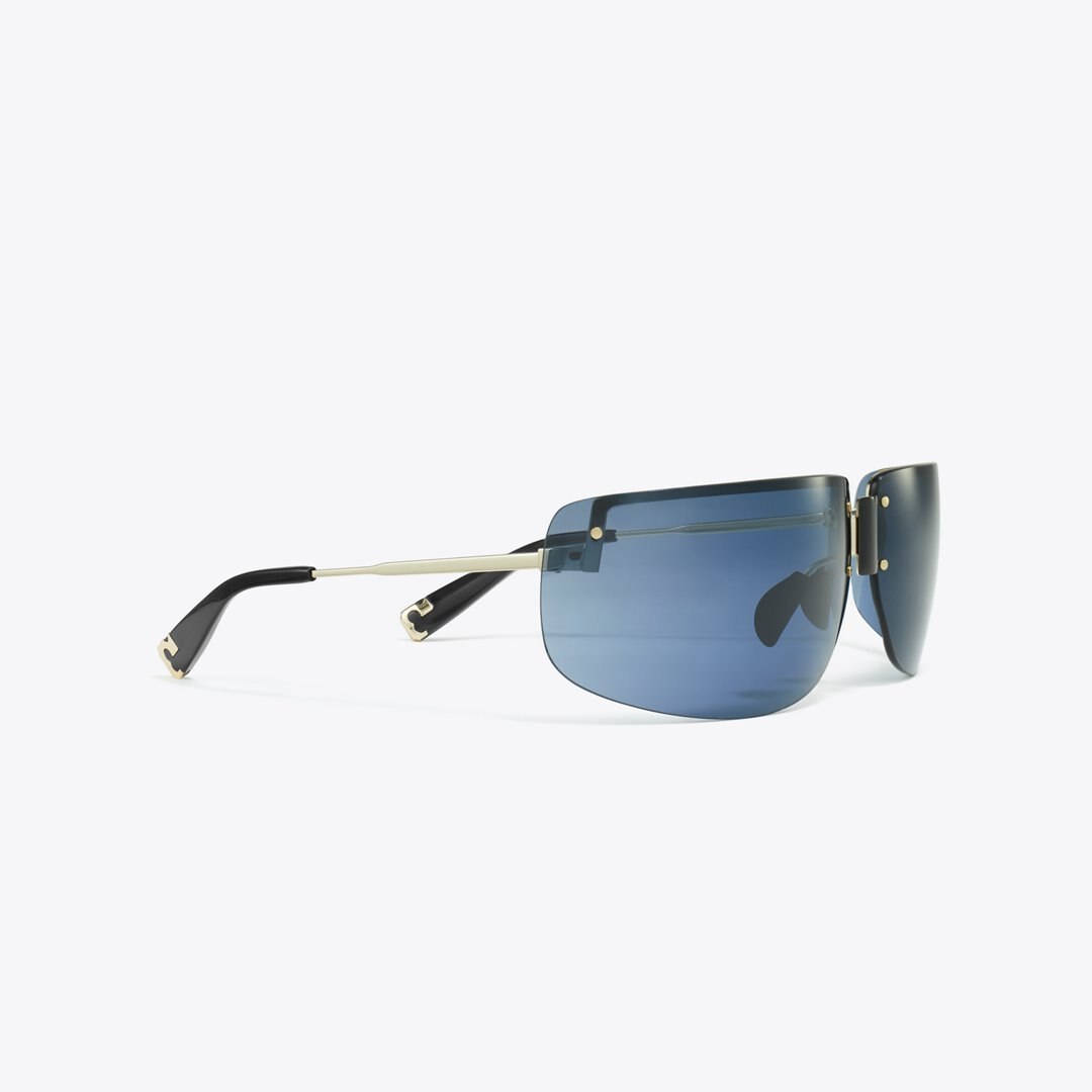 Tory Burch Shield Runway Sunglasses SHINY LIGHT GOLD/NAVY BLUE
