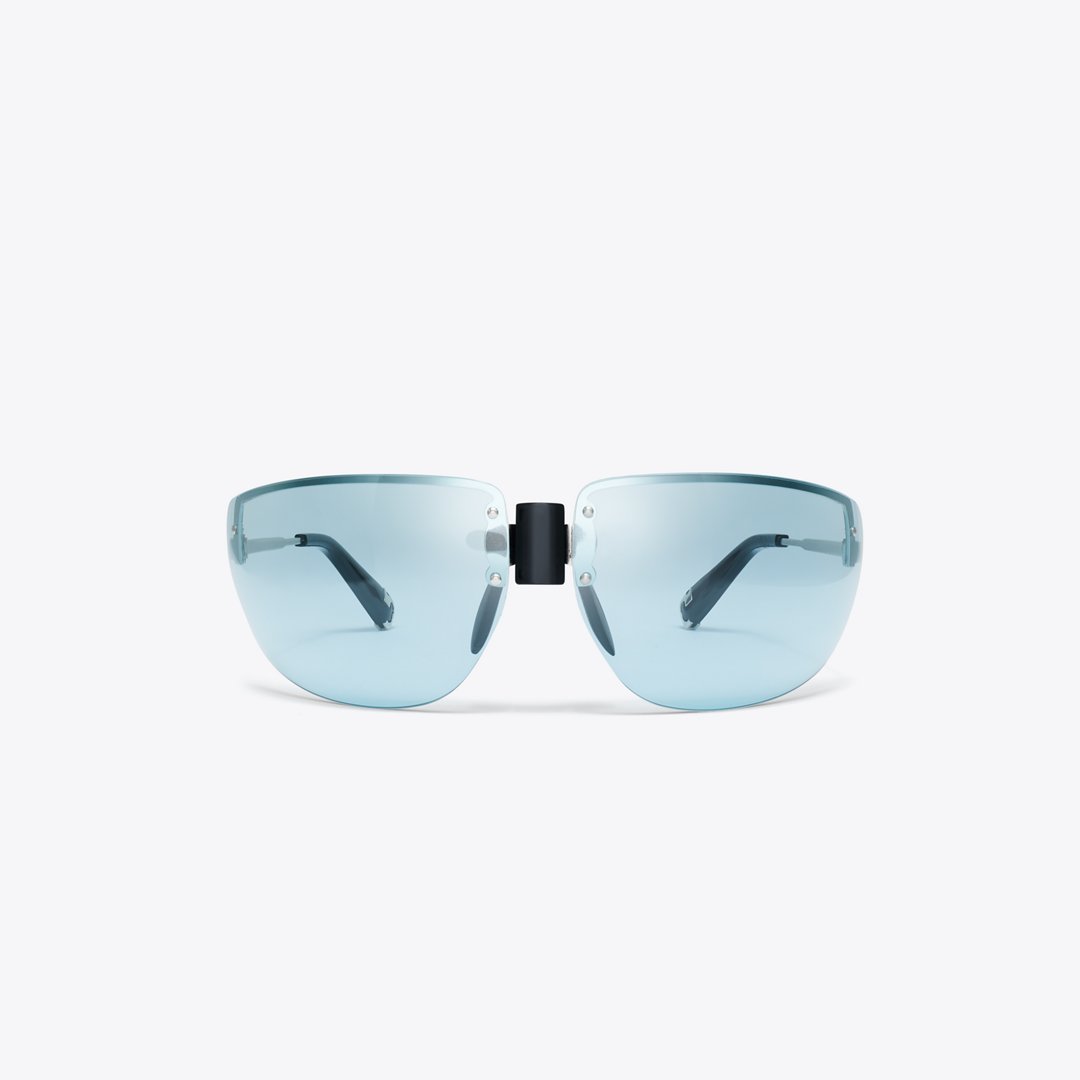 Tory Burch Shield Runway Sunglasses SHINY SILVER/LIGHT BLUE