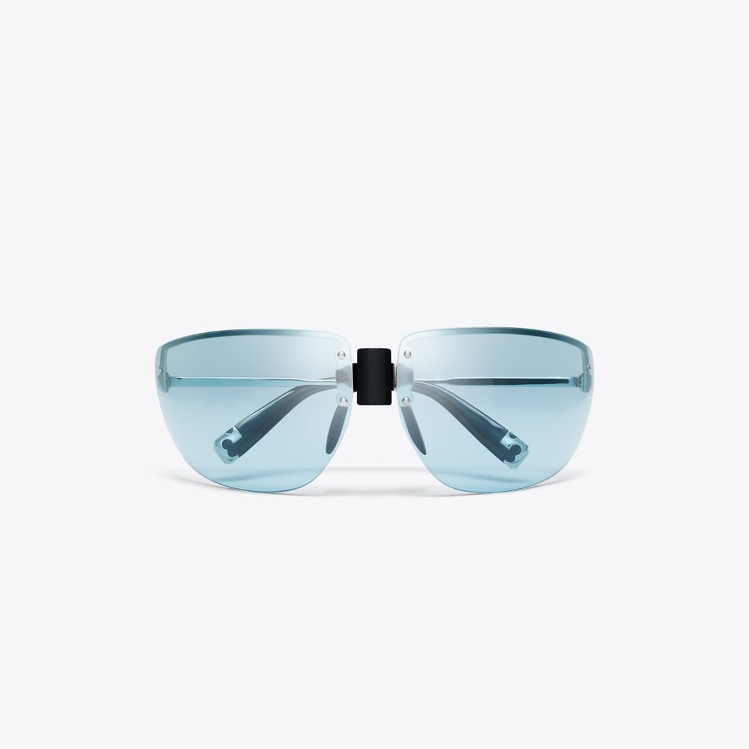 Tory Burch Shield Runway Sunglasses SHINY SILVER/LIGHT BLUE