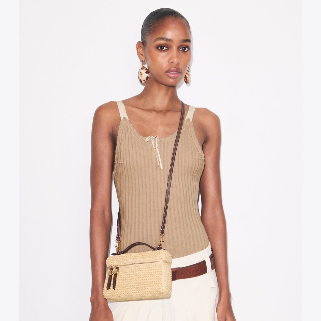 Tory Burch Slim Romy Woven Top Handle Bag Natural