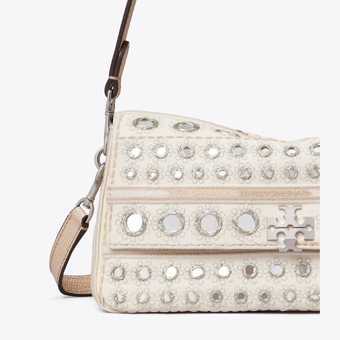 Tory Burch Small Charlie Embellished Shoulder Bag New Ivory
