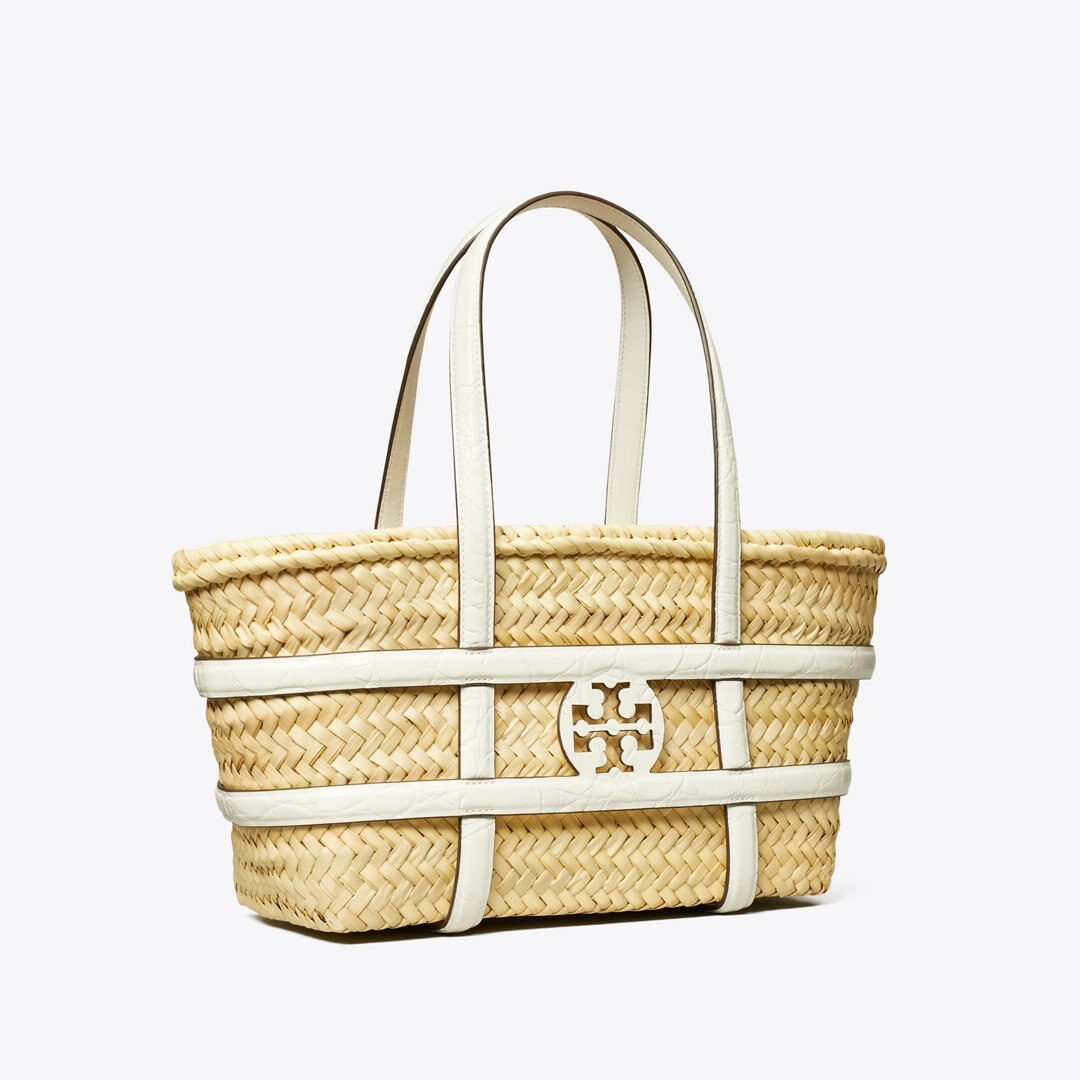 Tory Burch Small Ella Croc-Embossed Straw Basket Blanc