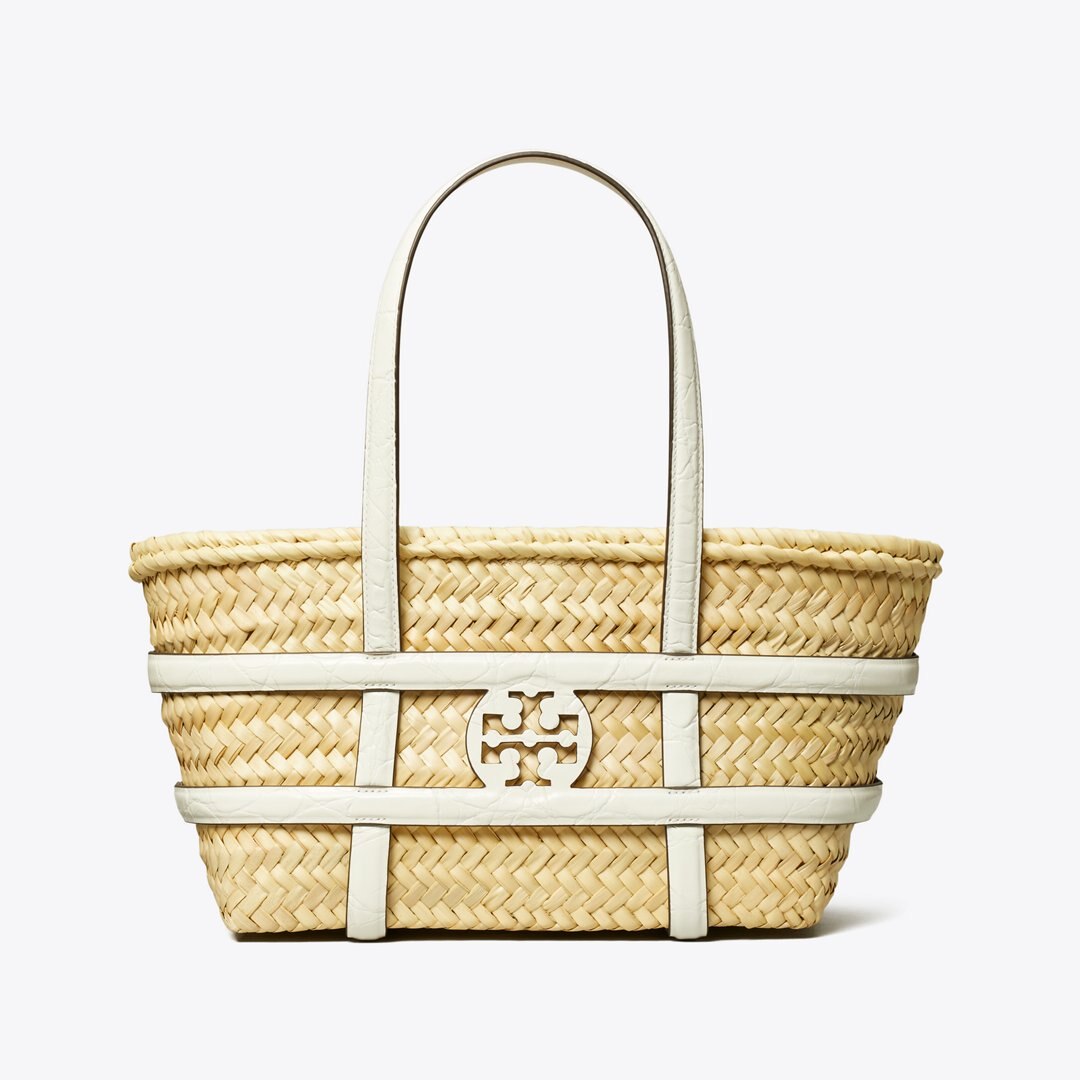 Tory Burch Small Ella Croc-Embossed Straw Basket Blanc
