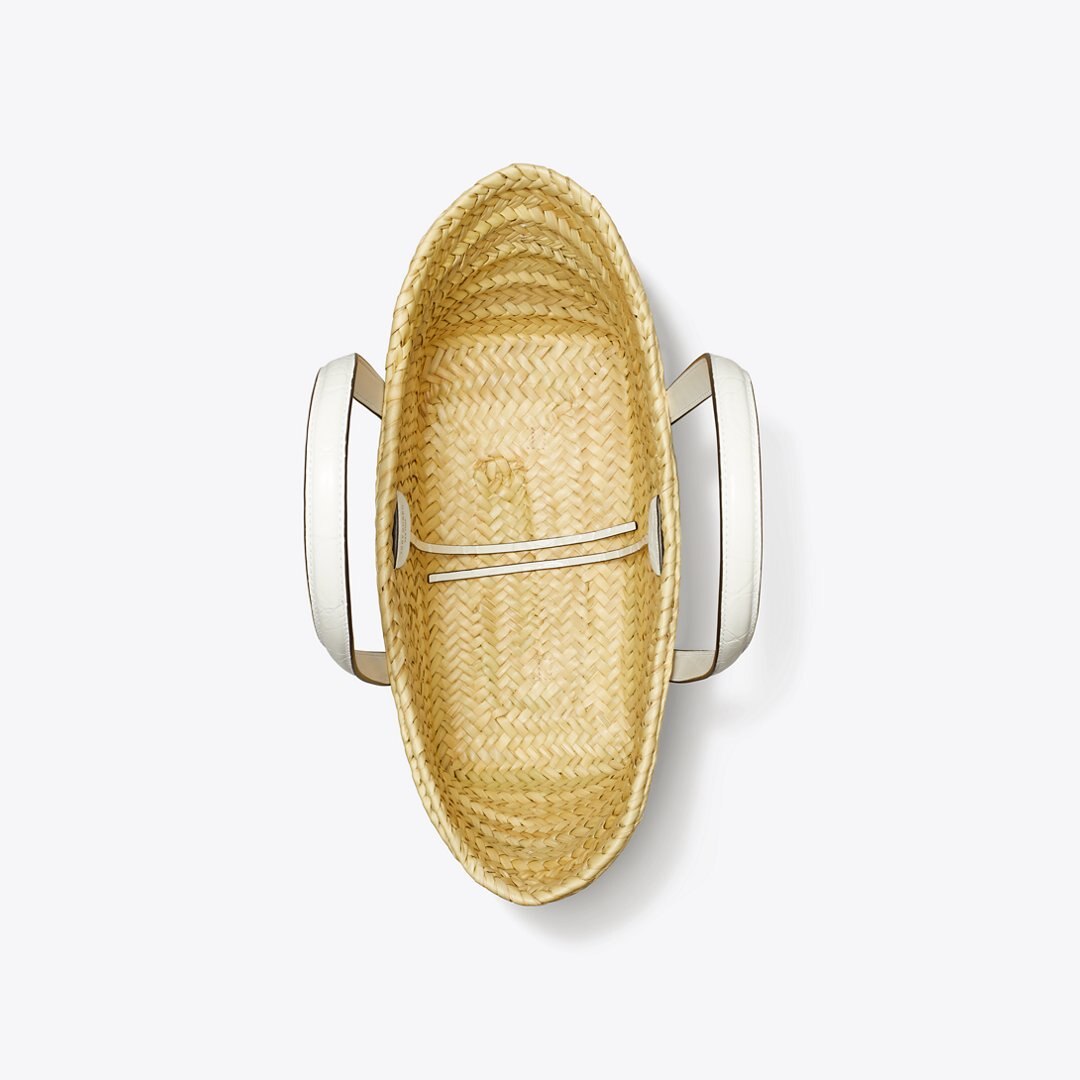 Tory Burch Small Ella Croc-Embossed Straw Basket Blanc
