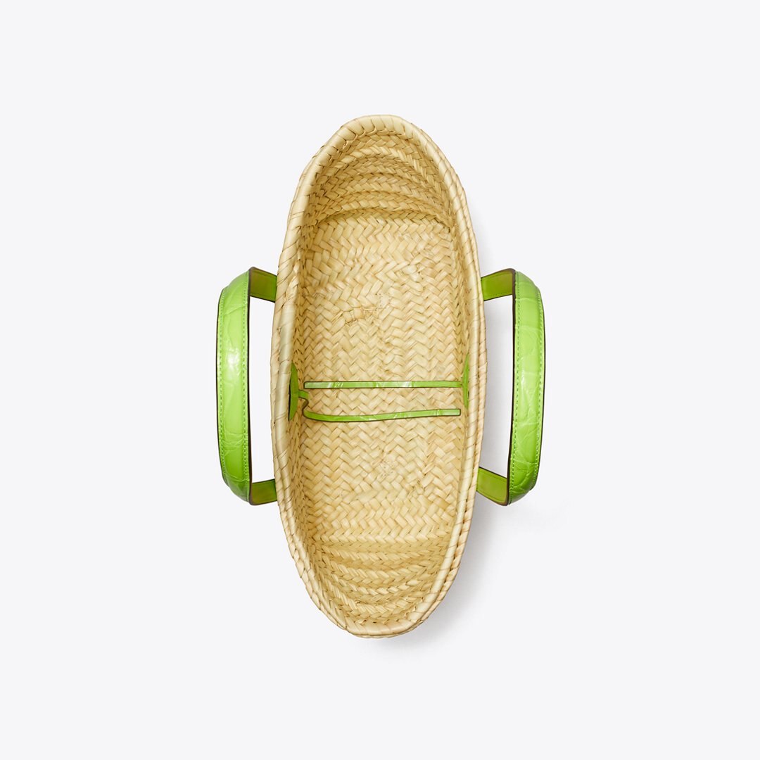 Tory Burch Small Ella Croc-Embossed Straw Basket Bright Fern