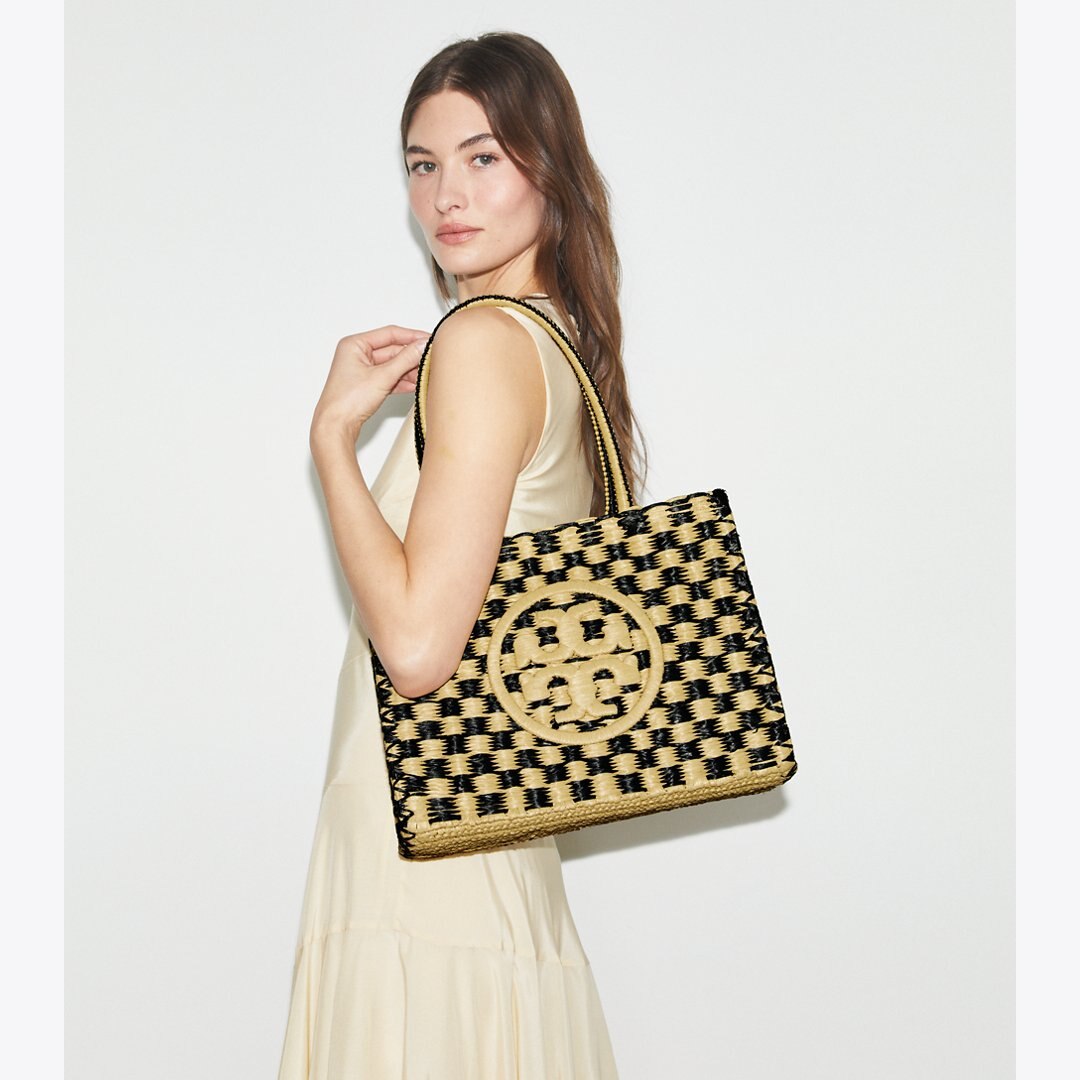 Tory Burch Small Ella Hand-Crocheted Checkered Tote Black / Natural