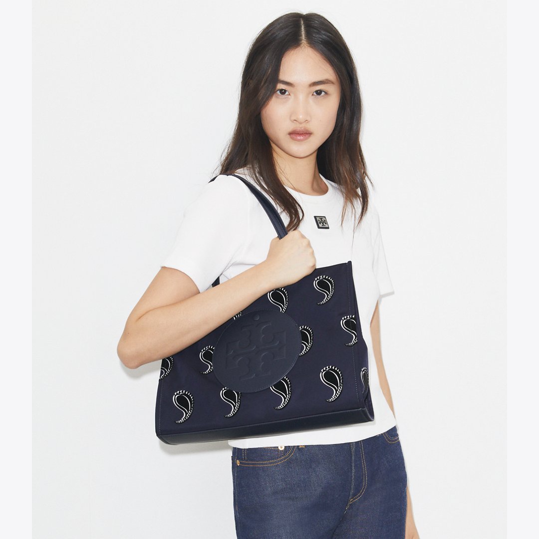 Tory Burch Small Ella Printed Tote Medium Navy Pajama Print