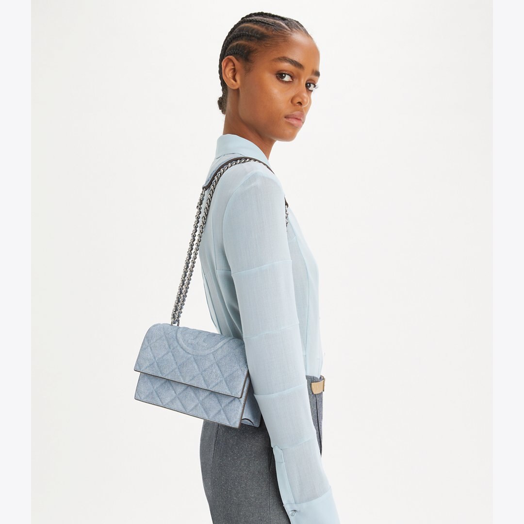 Tory Burch Small Fleming Denim-Print Suede Shoulder Bag Medium Wash Denim