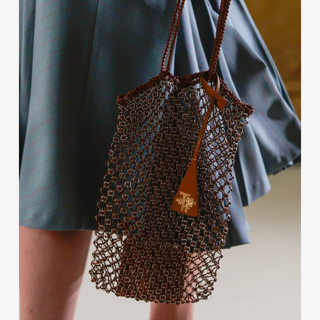 Tory Burch Small Handwoven Chain Mesh Tote Dark Brown / GOLD