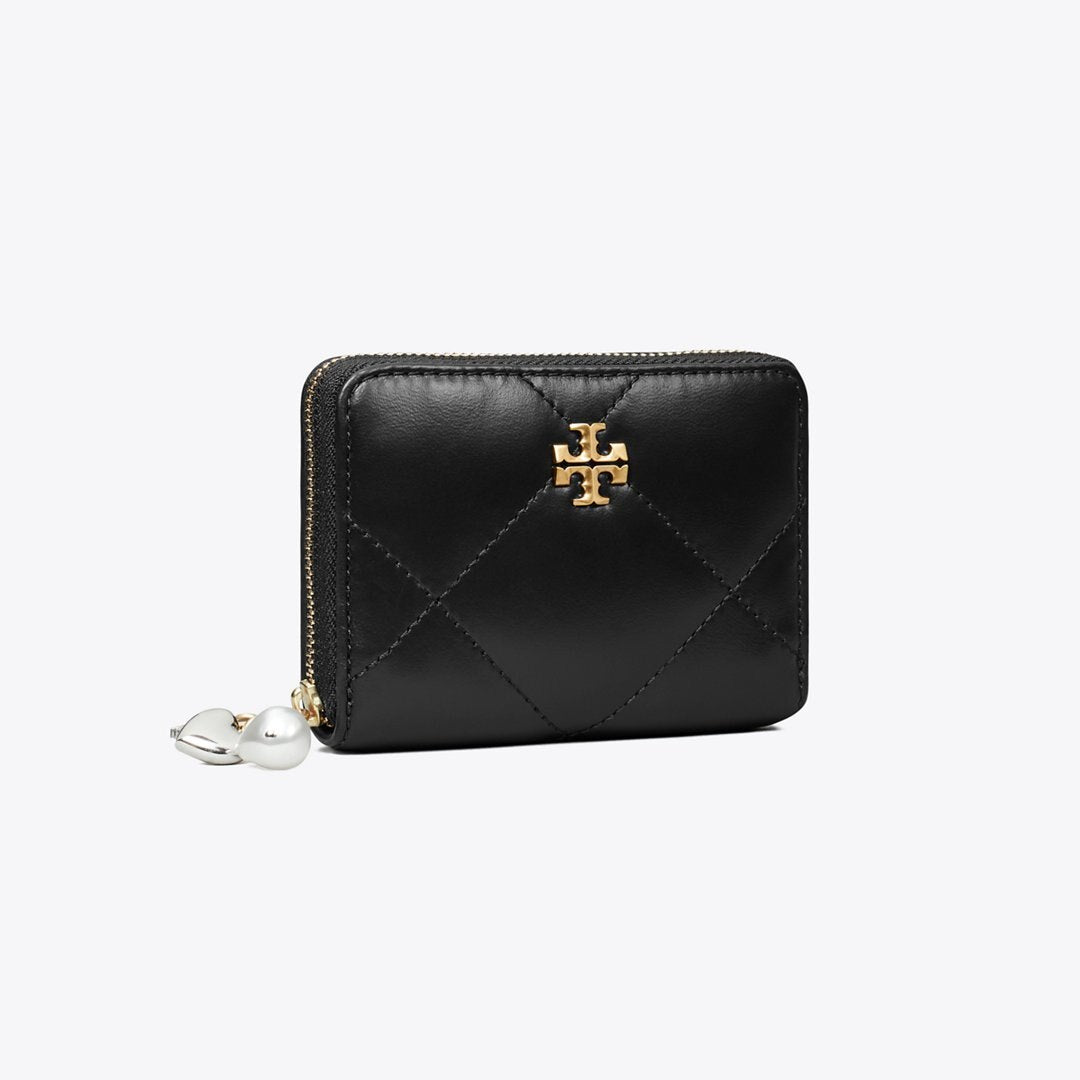 Tory Burch Small Kira Diamond Quilt Charm Zip Wallet Black